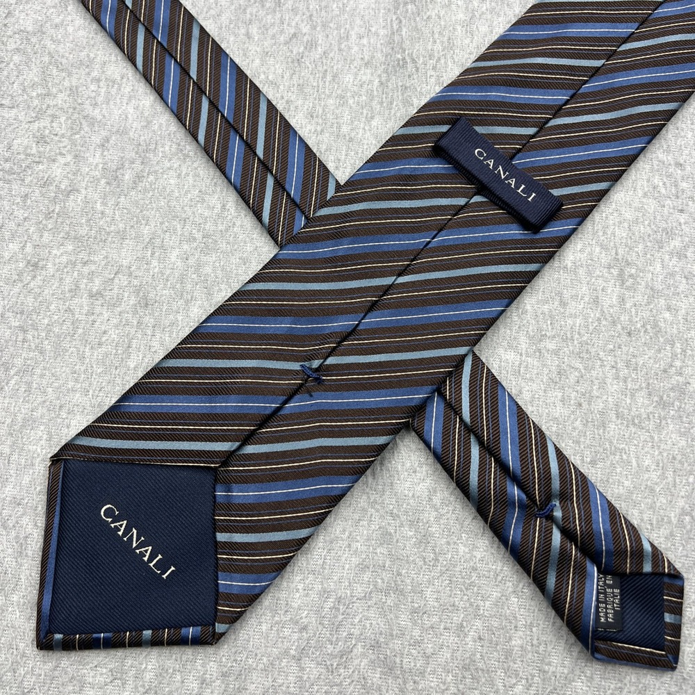 Canali 100% Silk Tie Brown Blue Striped 3.75" Wide Necktie Italy Made Luxury